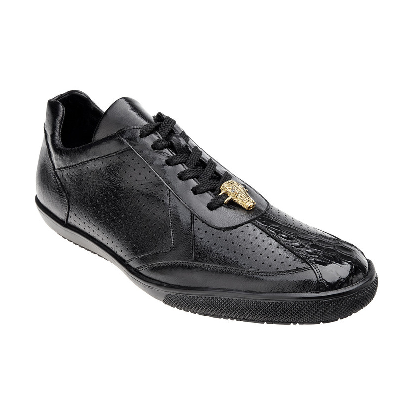 Belvedere Romano Crocodile & Calfskin Perforated Sneakers Black