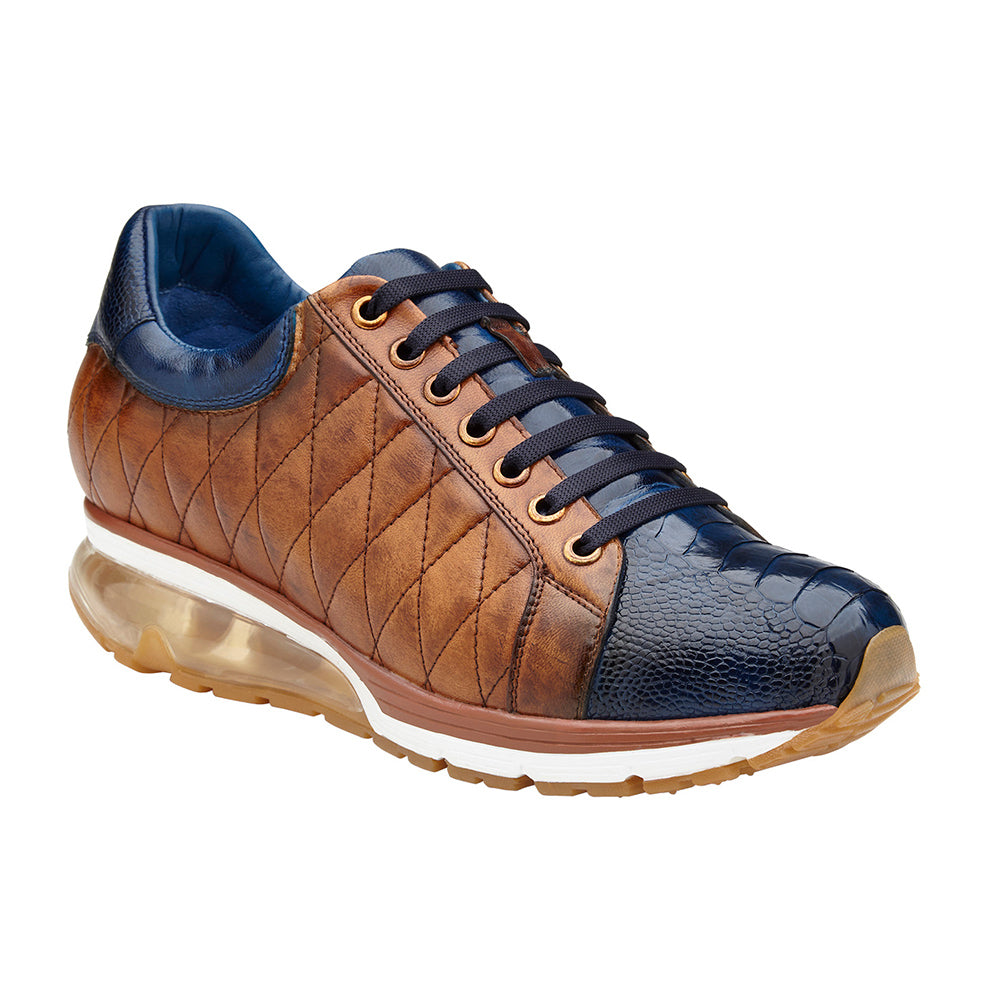 Belvedere Sacco Genuine Ostrich / Quilted Italian Calfskin Sneakers Navy Blue/Antique Saddle