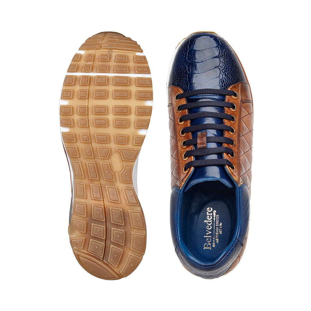 Belvedere Sacco Genuine Ostrich / Quilted Italian Calfskin Sneakers Navy Blue/Antique Saddle