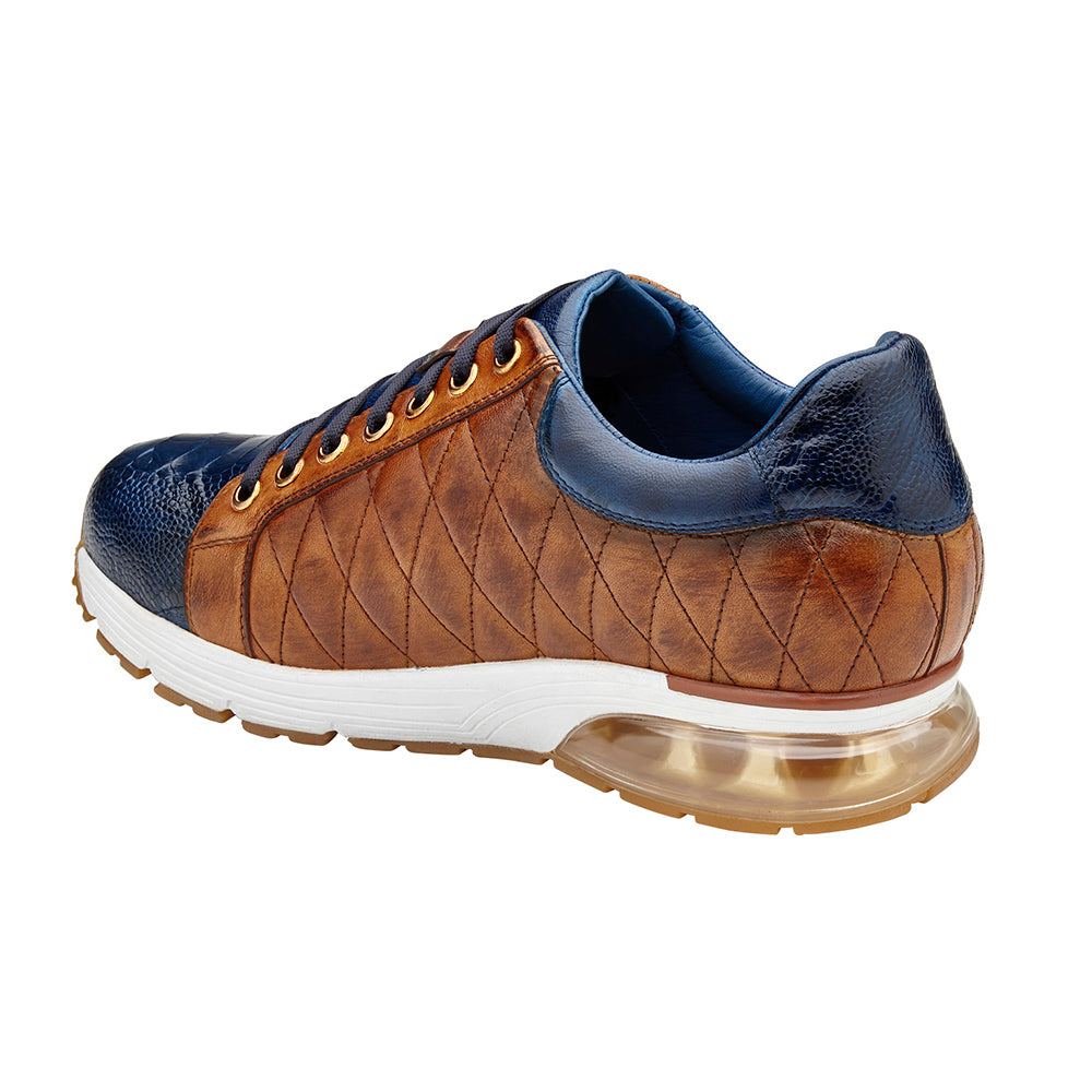 Belvedere Sacco Genuine Ostrich / Quilted Italian Calfskin Sneakers Navy Blue/Antique Saddle