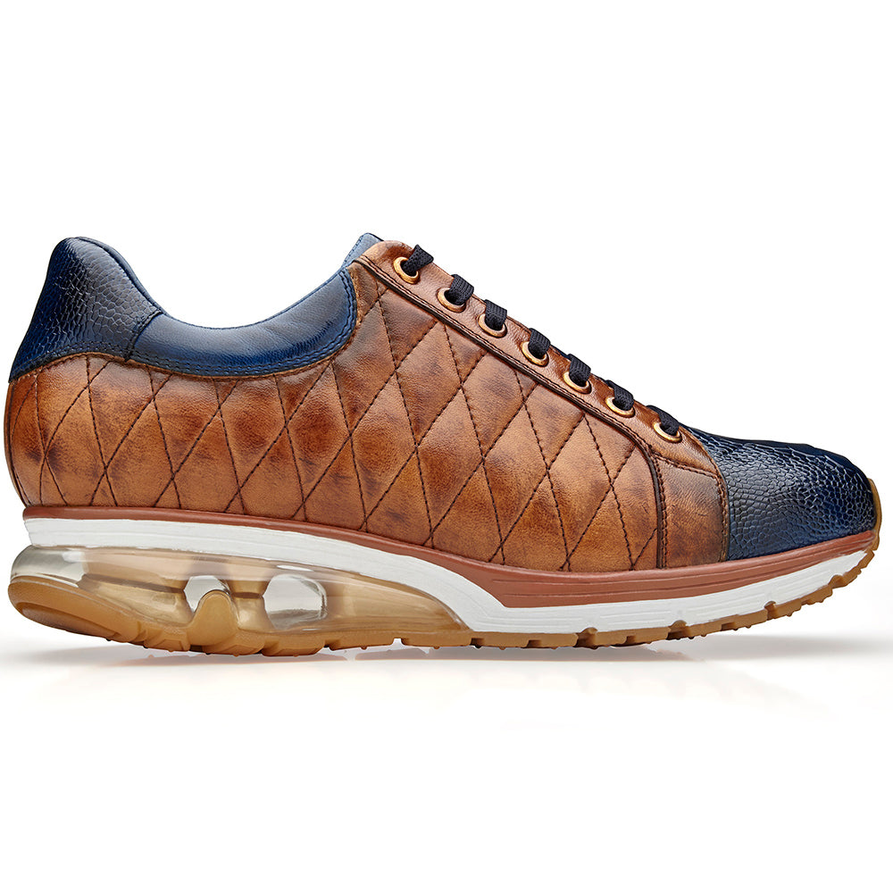 Belvedere Sacco Genuine Ostrich / Quilted Italian Calfskin Sneakers Navy Blue/Antique Saddle