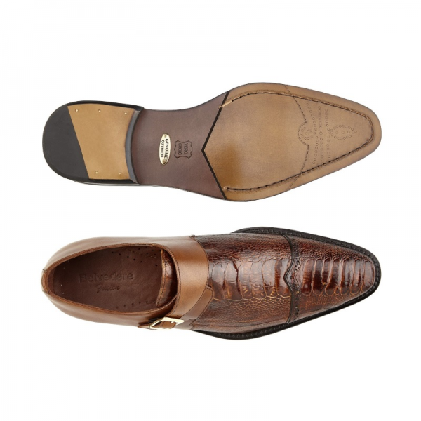 Belvedere Salinas Ostrich Monk Strap Shoes Antique Almond