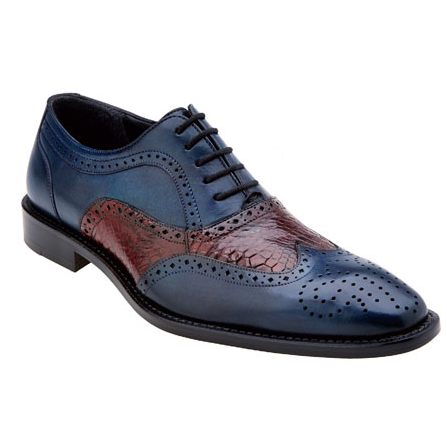 Belvedere Sesto Calfskin & Alligator Wingtip Shoes Antique Blue Safari / Wine