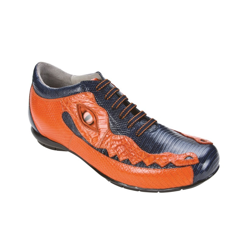 Belvedere Corona Lizard & Caiman Sneakers Navy/Orange