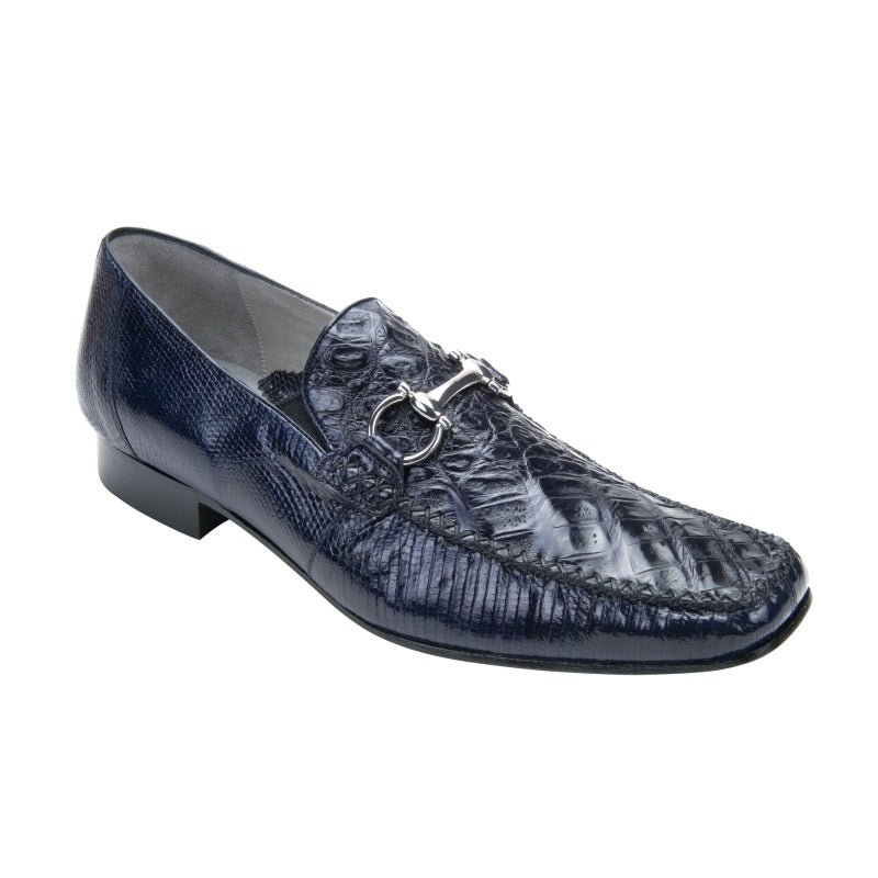 Belvedere Italo Crocodile & Lizard Bit Loafers Navy