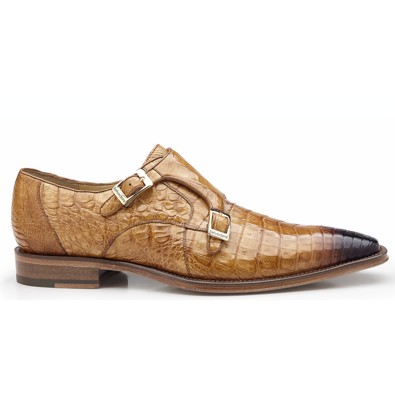 Belvedere Turi Crocodile Double Monk Strap Shoes Antique Honey