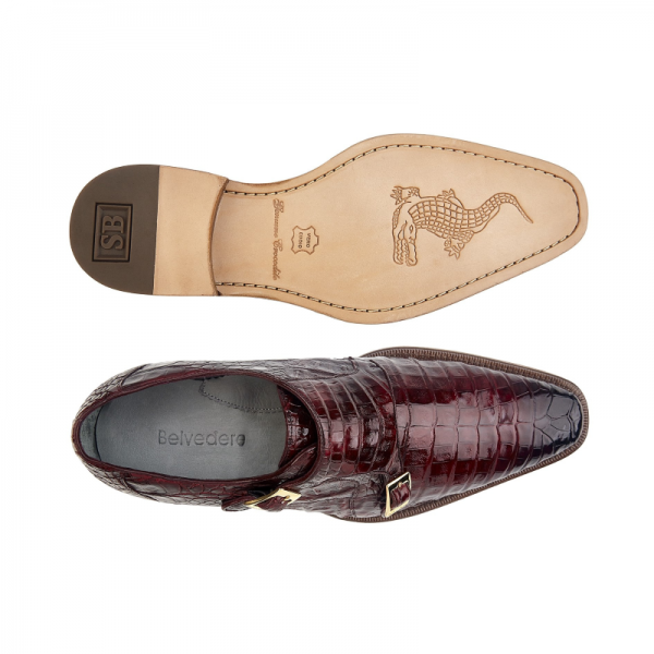Belvedere Turi Crocodile Double Monk Strap Shoes Antique Merlot