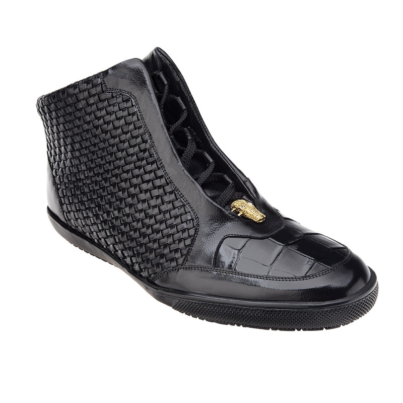 Belvedere Turi Crocodile & Woven Calfskin Hi Top Sneakers Black