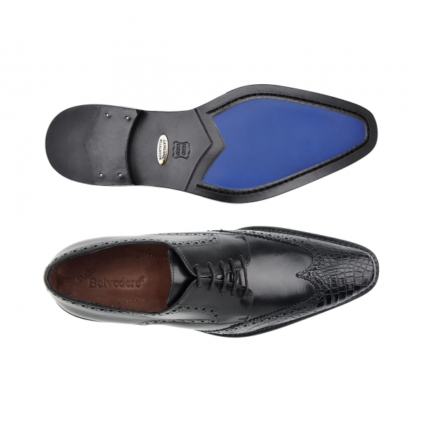 Belvedere Urbano Crocodile & Calfskin Wingtip Shoes Black