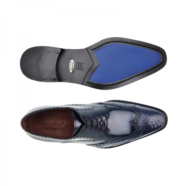 Belvedere Urbano Crocodile & Calfskin Wingtip Shoes Blue Safari