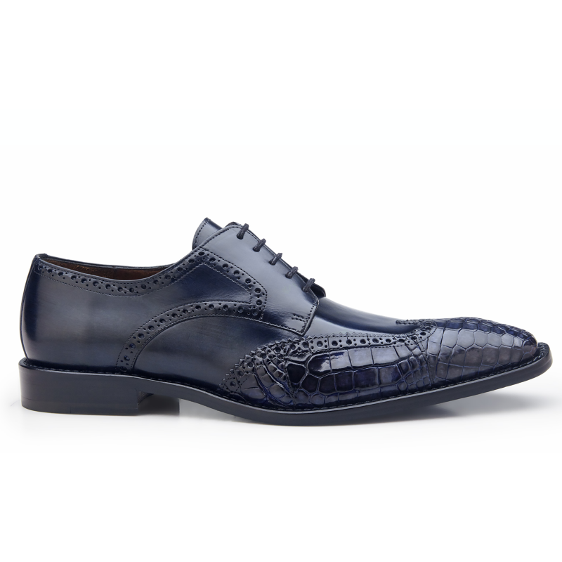Belvedere Urbano Crocodile & Calfskin Wingtip Shoes Blue Safari