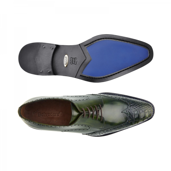 Belvedere Urbano Crocodile & Calfskin Wingtip Shoes Emerald Safari