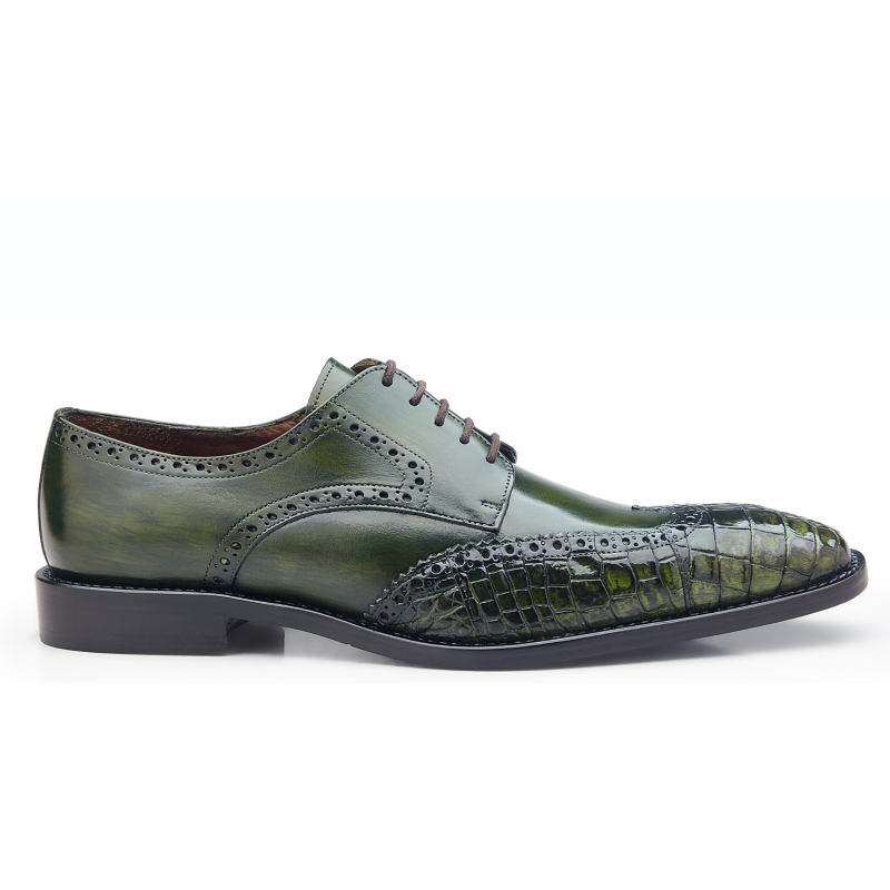 Belvedere Urbano Crocodile & Calfskin Wingtip Shoes Emerald Safari