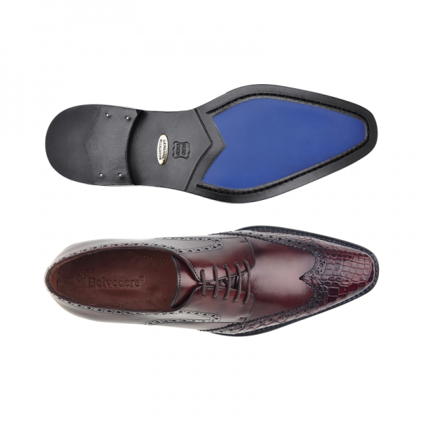 Belvedere Urbano Crocodile & Calfskin Wingtip Shoes Wine Safari
