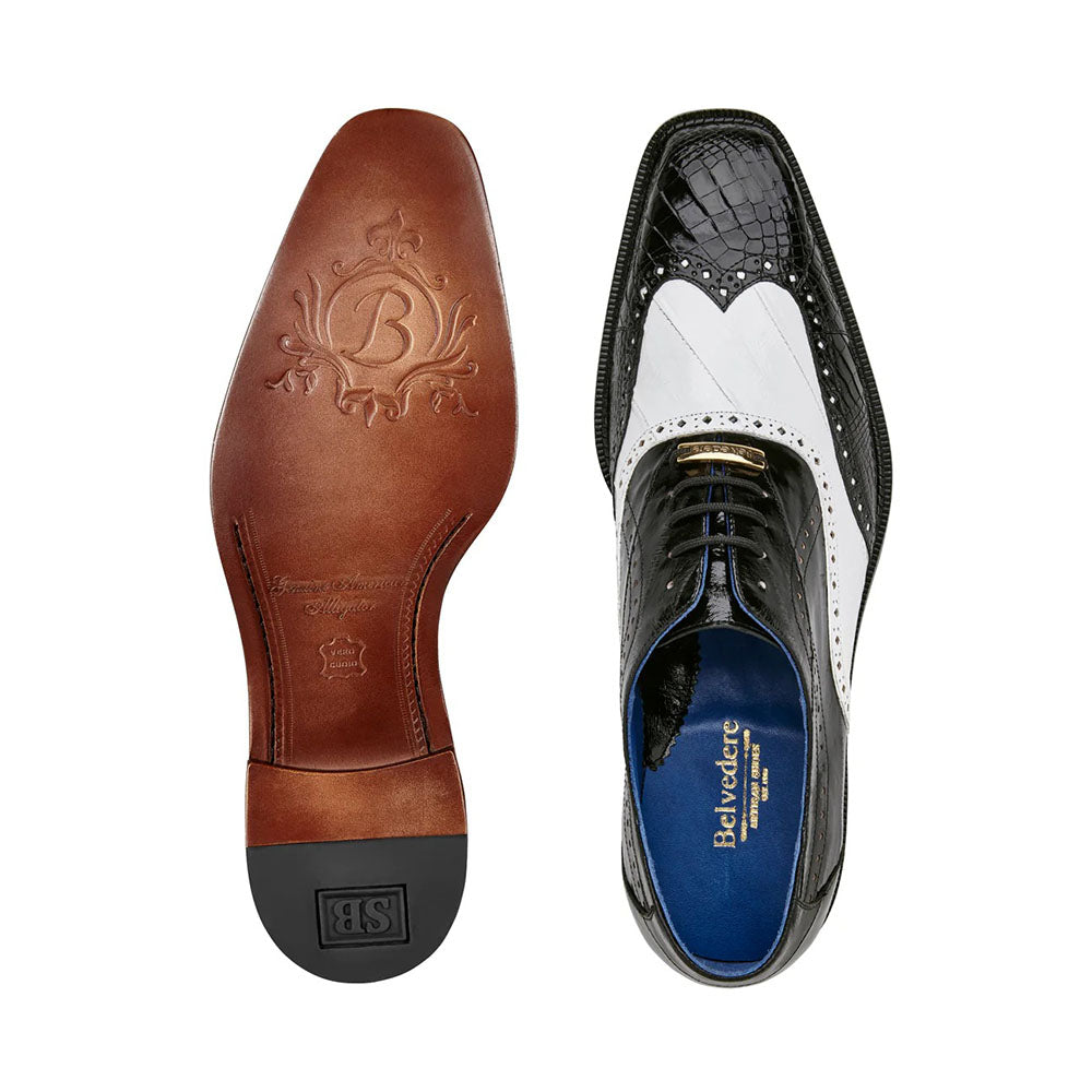 Belvedere Varo Genuine Alligator / Eel Wing Wingtip Shoes Black / White