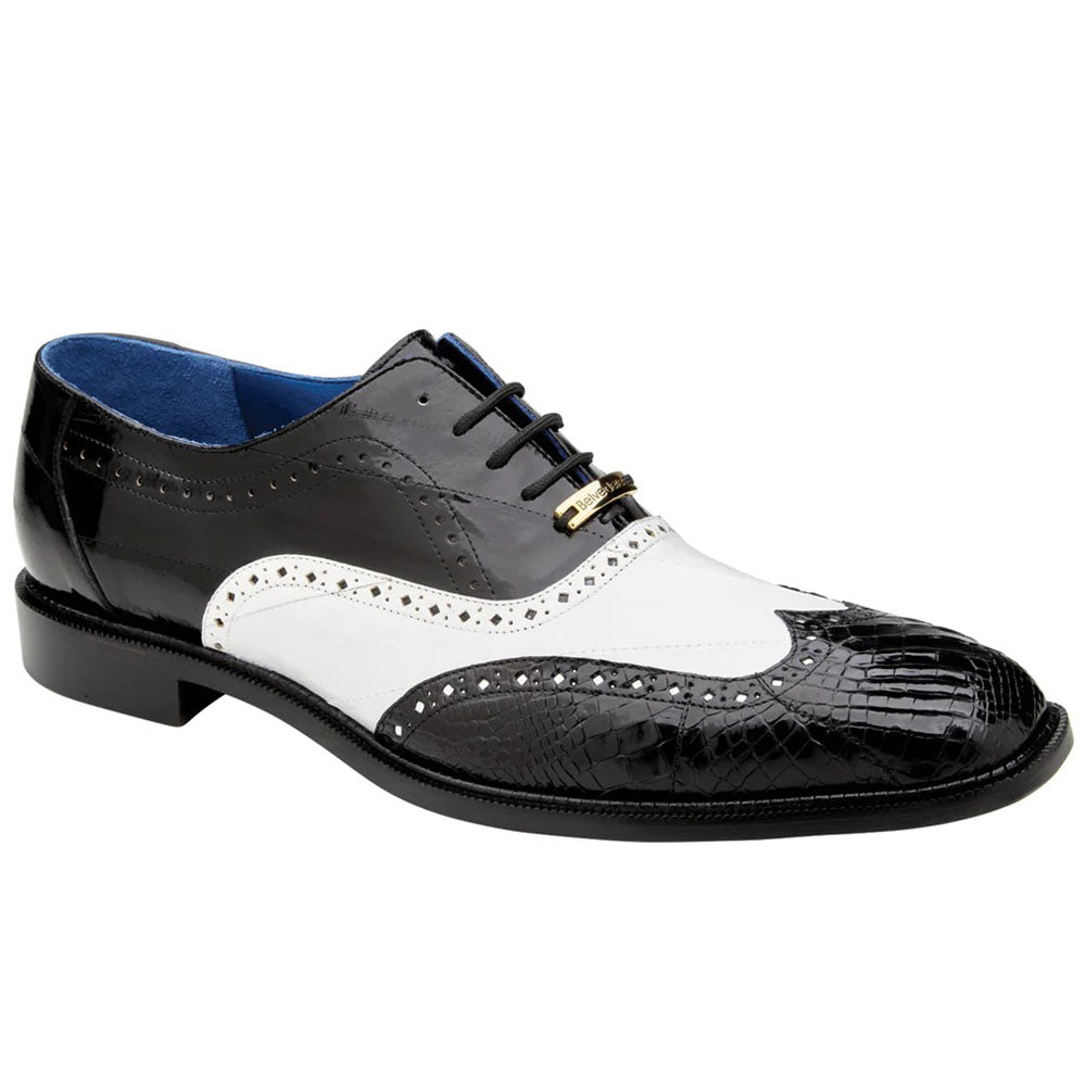 Belvedere Varo Genuine Alligator / Eel Wing Wingtip Shoes Black / White