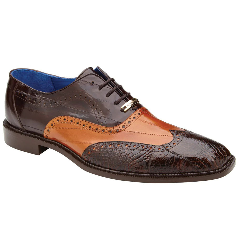 Belvedere Varo Genuine Alligator / Eel Wing Wingtip Shoes Chocolate / Ant Tan (R49)