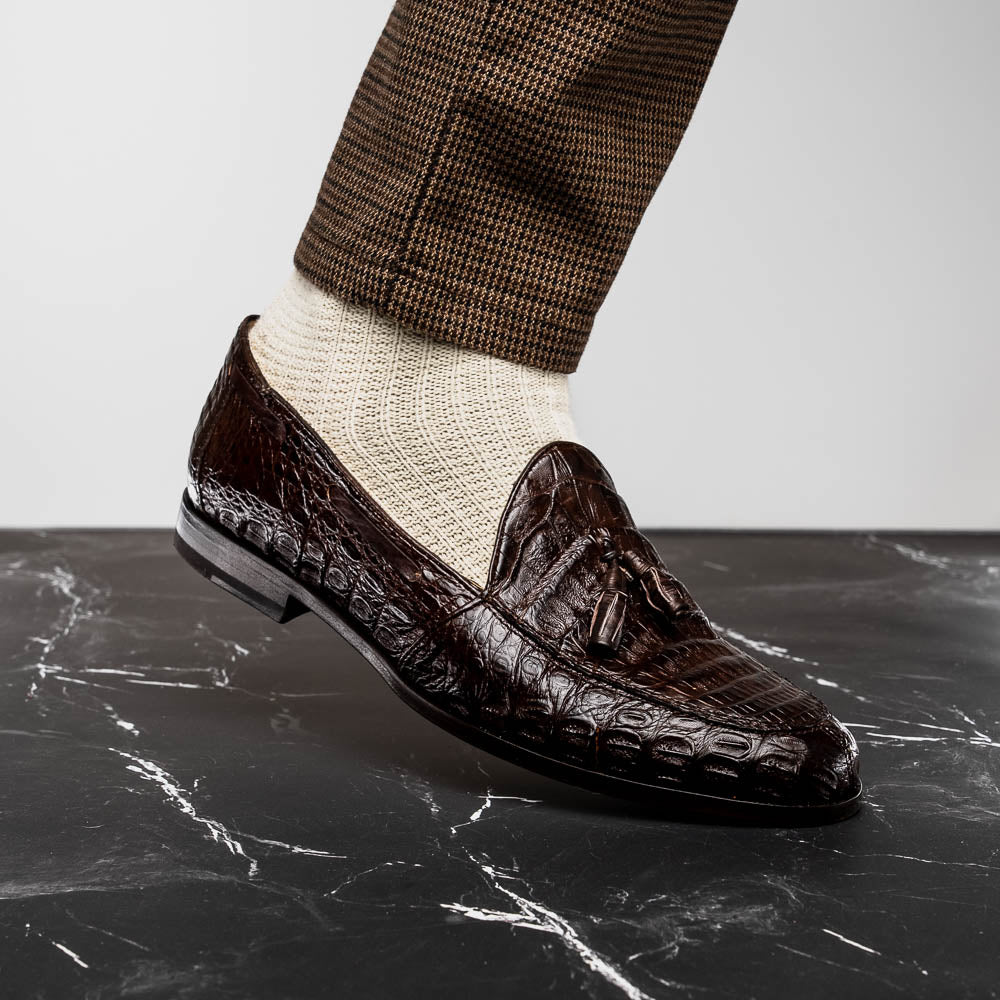 Marco Di Milano Bianchi Caiman Crocodile Tassel Loafers Brown