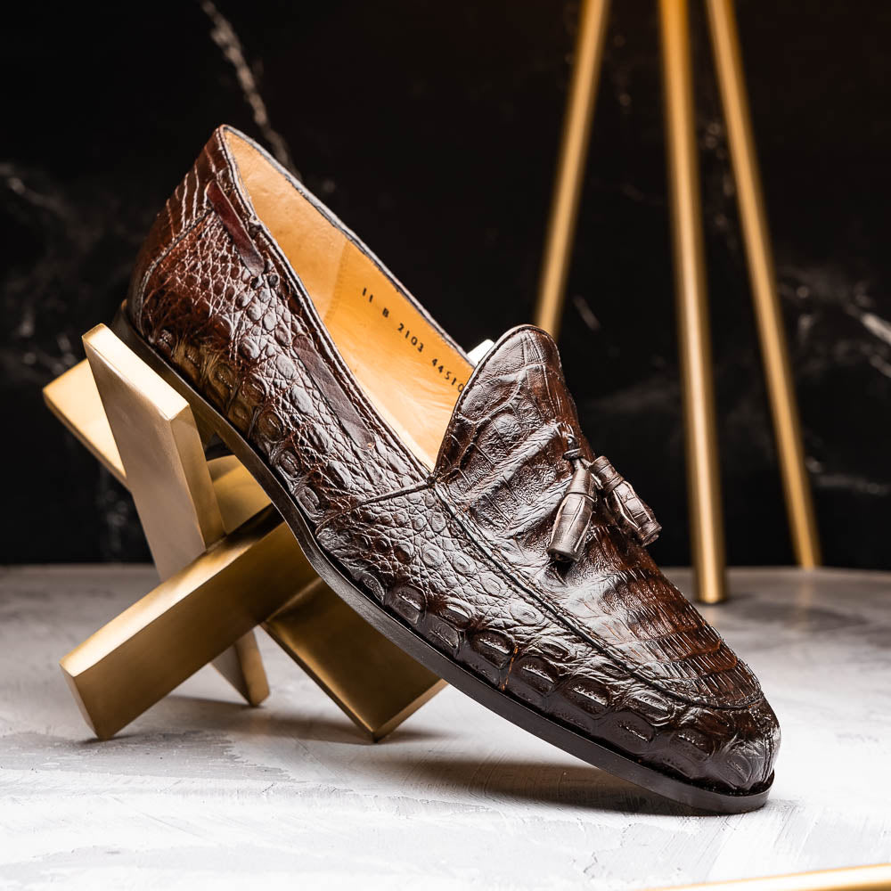 Marco Di Milano Bianchi Caiman Crocodile Tassel Loafers Brown