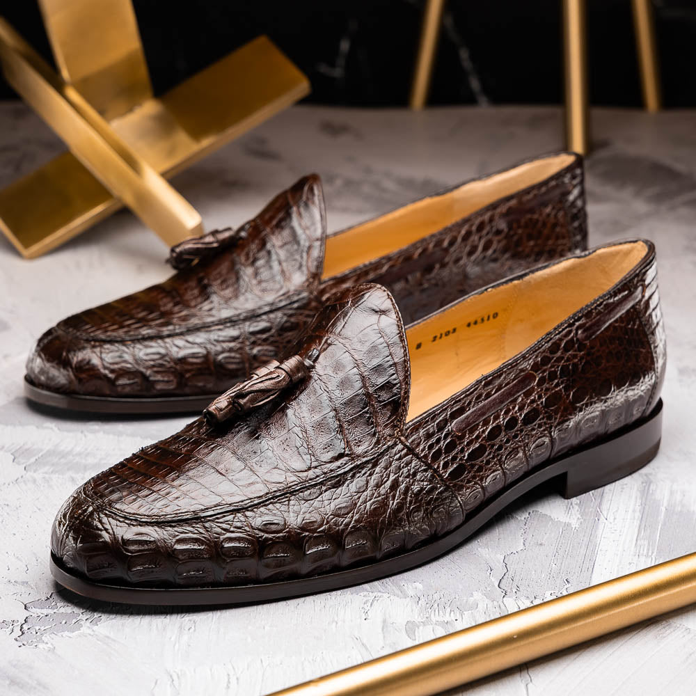 Marco Di Milano Bianchi Caiman Crocodile Tassel Loafers Brown