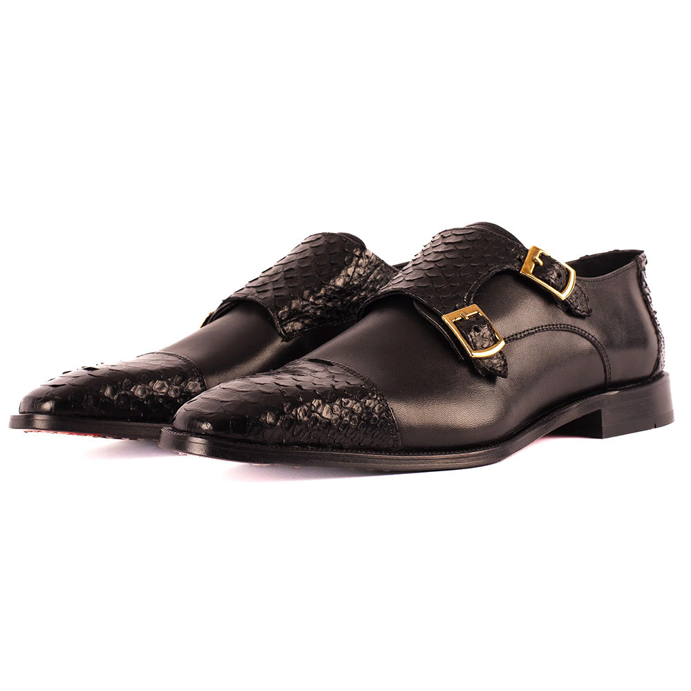 Vinci Leather The Bishkek Python Double Monk Strap Black