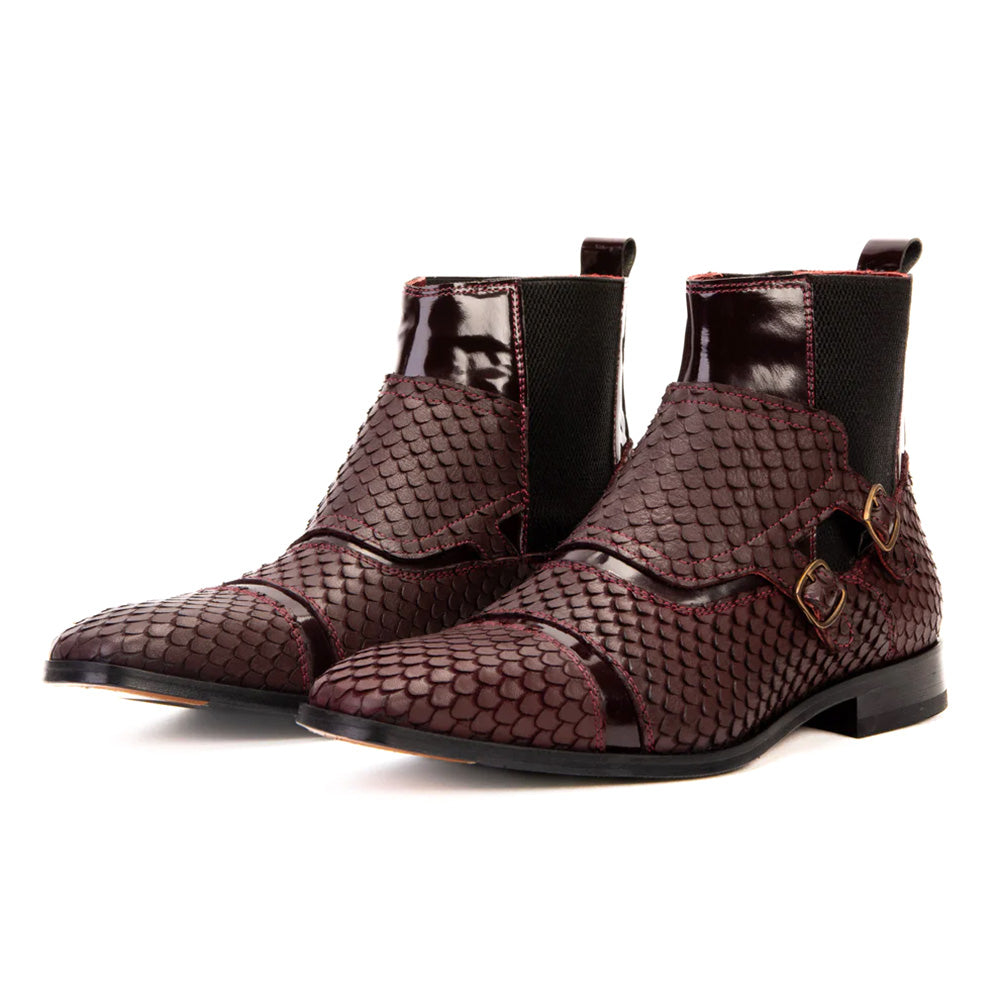Vinci Leather The Orion Snakeskin Double Monk Strap Boot Burgundy