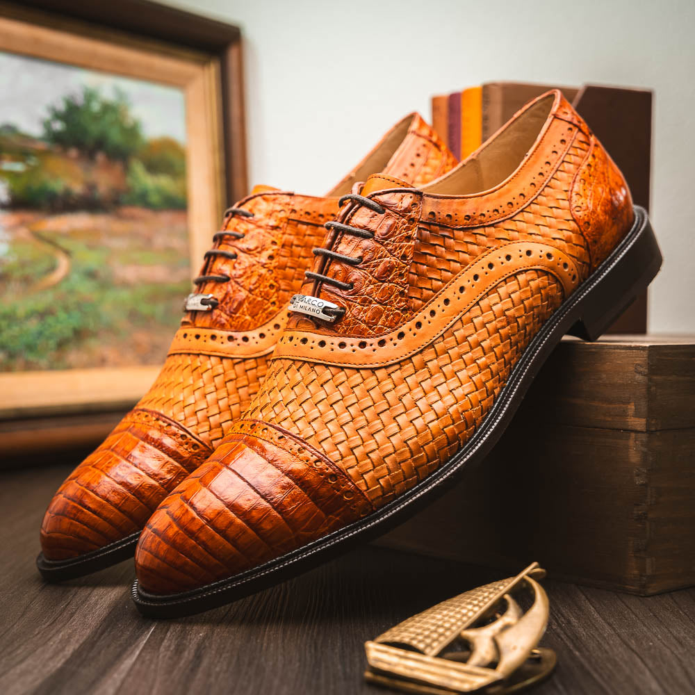 Marco Di Milano John Woven Caiman Crocodile Oxford Brandy