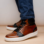 Zelli Bravo Italian Burnished Calfskin High Top Dress Sneaker Brown / Black (65-356-BRN)