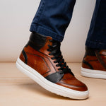 Zelli Bravo Italian Burnished Calfskin High Top Dress Sneaker Brown / Black (65-356-BRN)