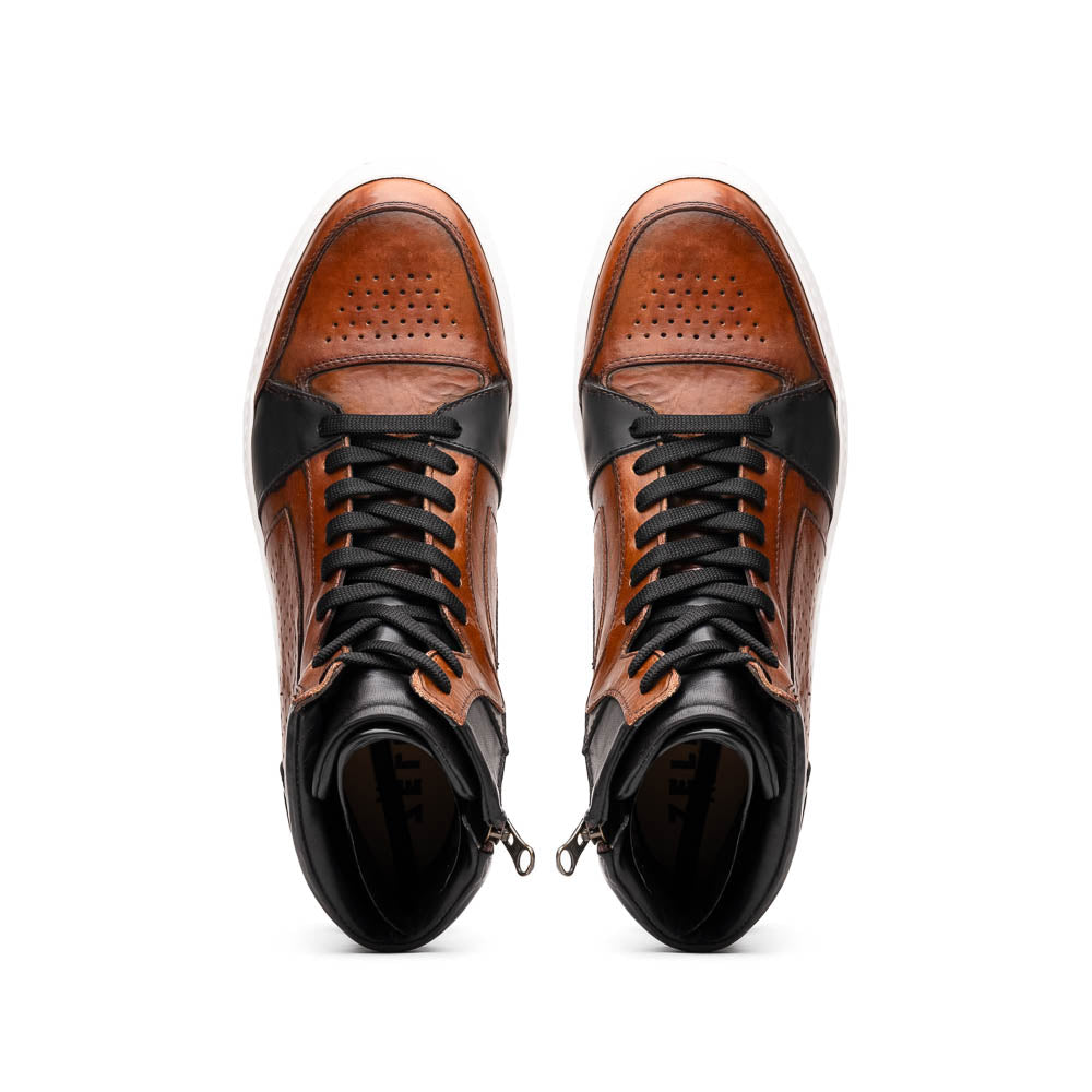 Zelli Bravo Italian Burnished Calfskin High Top Dress Sneaker Brown / Black (65-356-BRN)