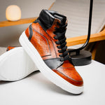 Zelli Bravo Italian Burnished Calfskin High Top Dress Sneaker Brown / Black (65-356-BRN)