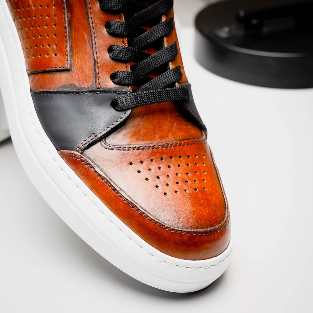Zelli Bravo Italian Burnished Calfskin High Top Dress Sneaker Brown / Black (65-356-BRN)