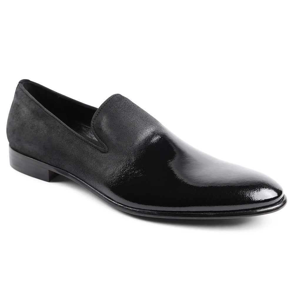 Bruno Magli Monet A-line Patent & Suede Smoking Slip-on Shoes Black