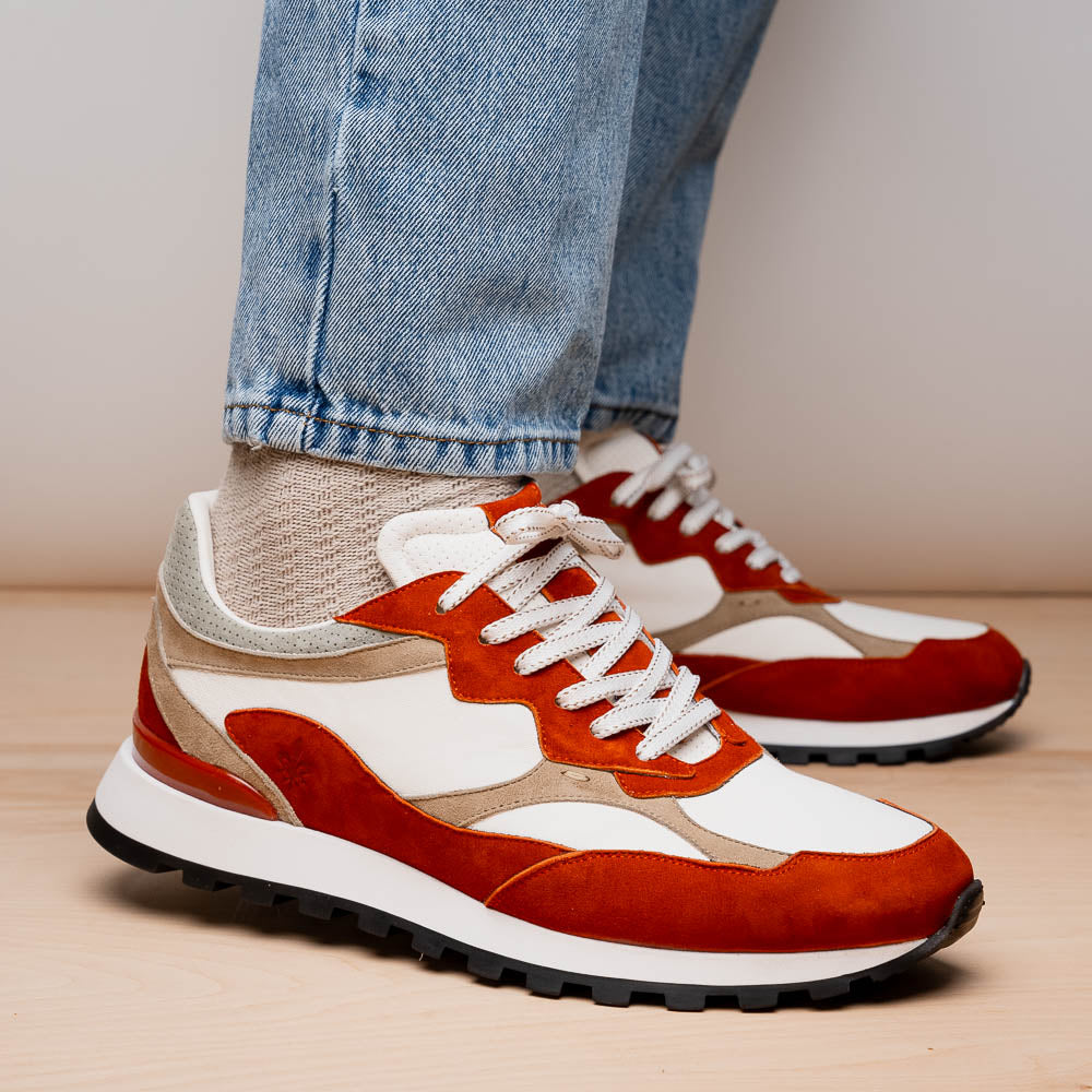 Zelli Bruno Italian Goat Suede & Calfskin Trainer Sneaker Cream / Rust (66-241-CRE)