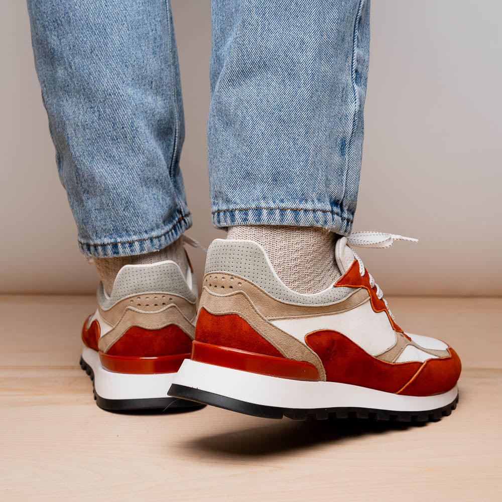 Zelli Bruno Italian Goat Suede & Calfskin Trainer Sneaker Cream / Rust (66-241-CRE)