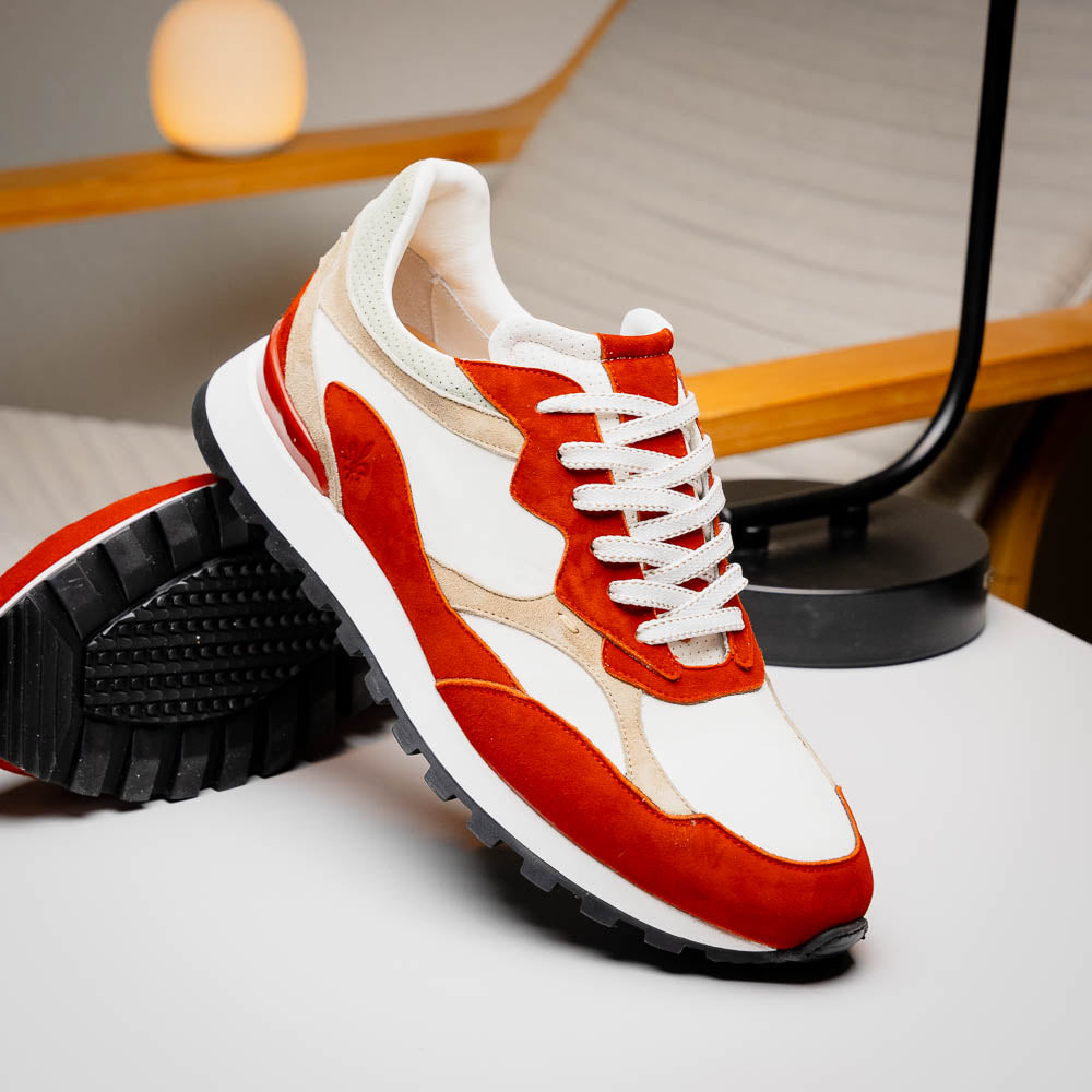 Zelli Bruno Italian Goat Suede & Calfskin Trainer Sneaker Cream / Rust (66-241-CRE)