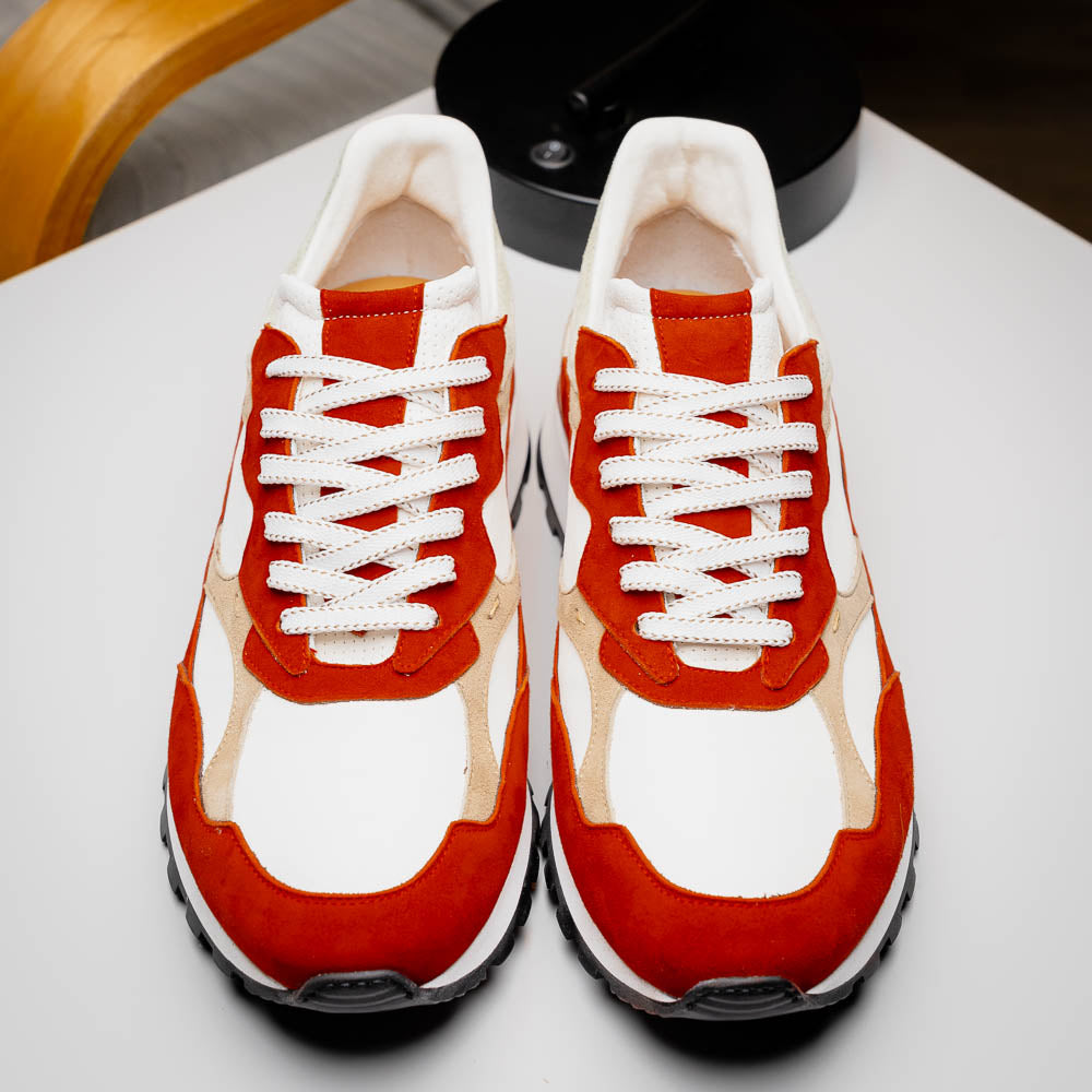 Zelli Bruno Italian Goat Suede & Calfskin Trainer Sneaker Cream / Rust (66-241-CRE)