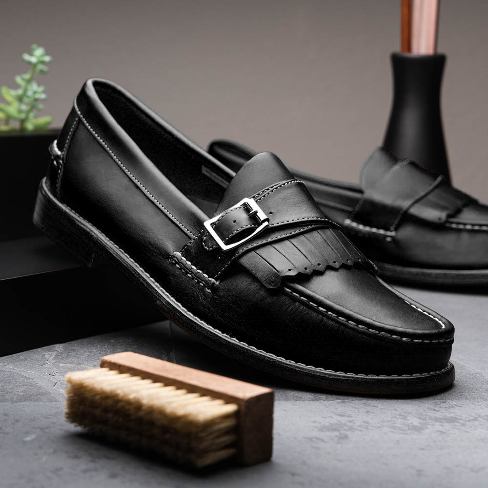 black dress shoes with buckle Carrucci Black genuine leather men's slip on dress shoes silver buckle 11 / Black