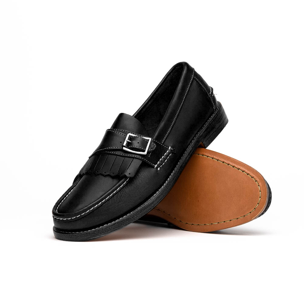 black dress shoes with buckle Carrucci Black genuine leather men's slip on dress shoes silver buckle 11 / Black