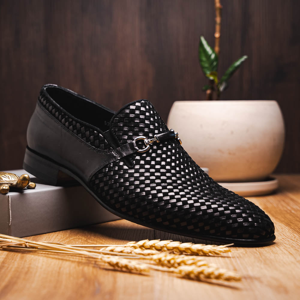 Corrente C022-5776 Buckle Woven Loafer Shoes Black
