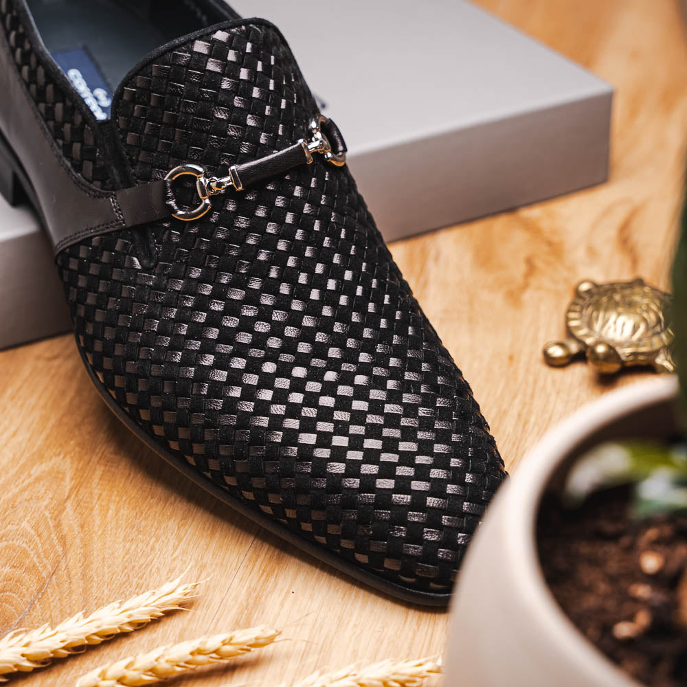 Corrente C022-5776 Buckle Woven Loafer Shoes Black