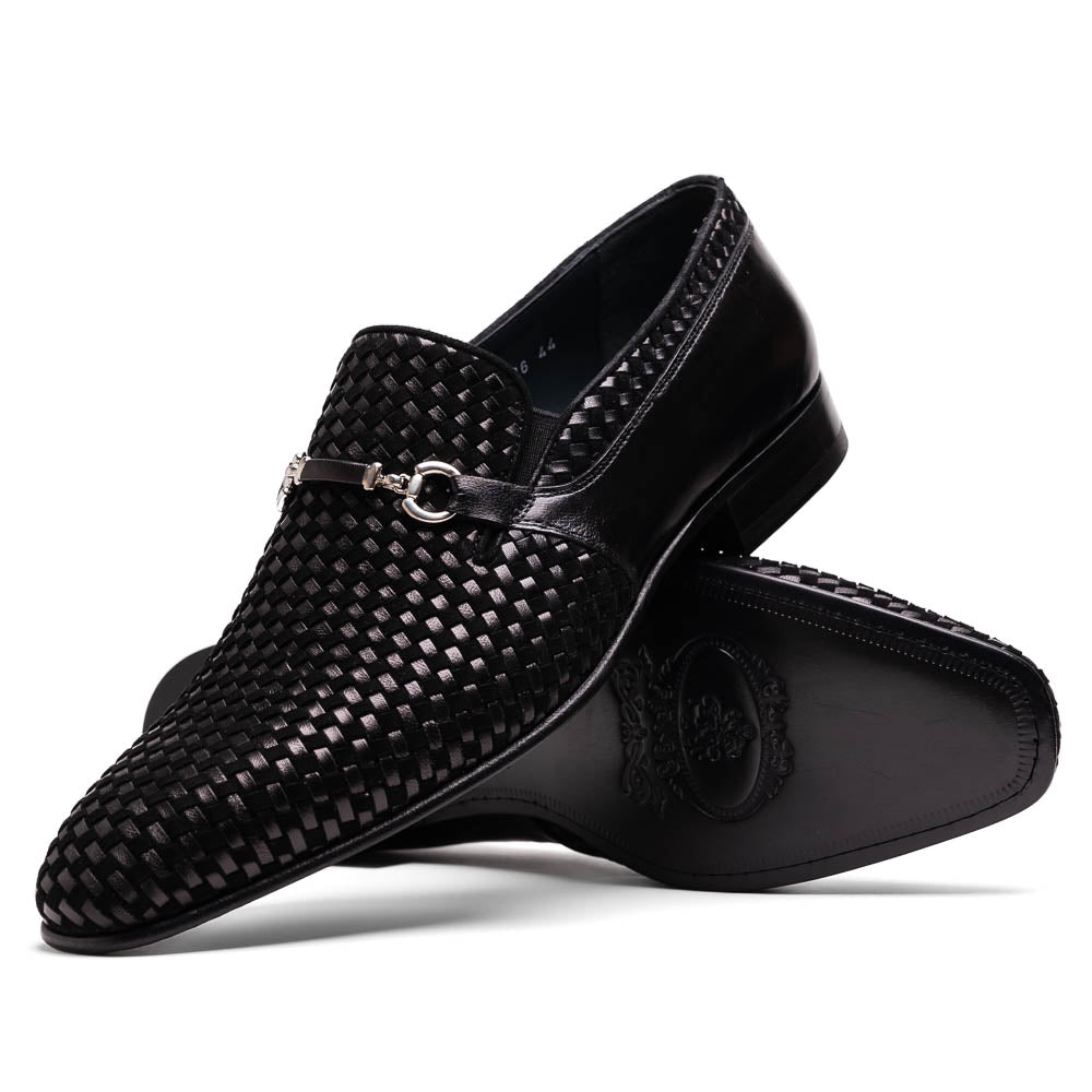Corrente C022-5776 Buckle Woven Loafer Shoes Black