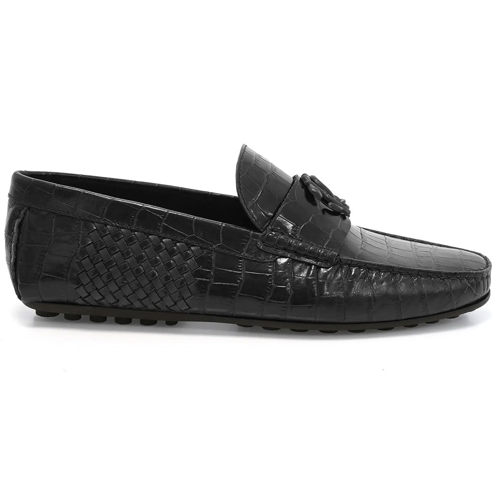 Roberto Cavalli Crocodile Embossed Woven Leather Bit Driving Shoe Black