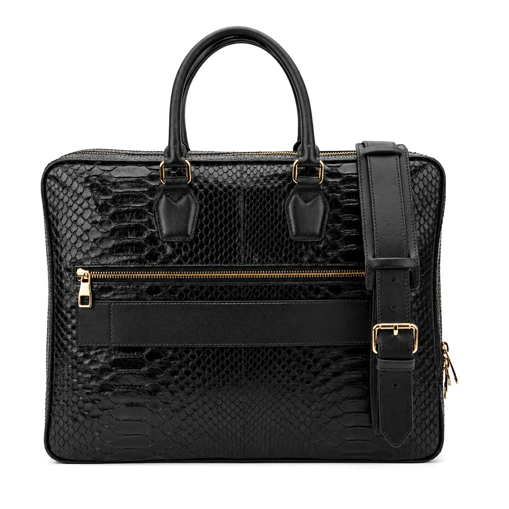 Vinci Leather The Cortona Python Leather Men’s Laptop Briefcase Black