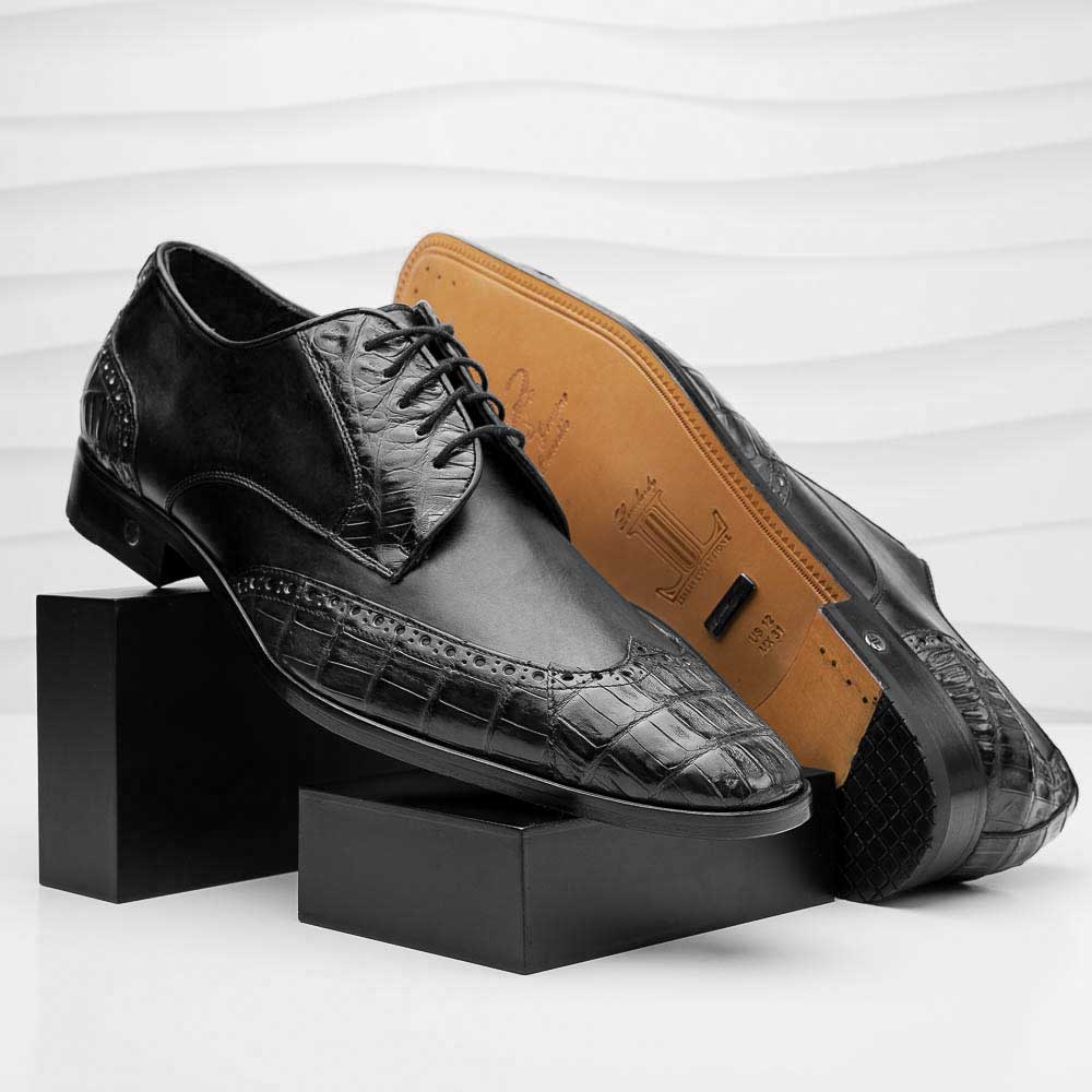 Lombardy Caiman Belly & Calfskin Wingtip Shoes Black