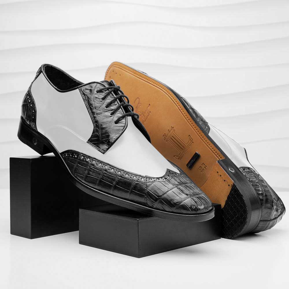 Lombardy Caiman Belly & Calfskin Wingtip Shoes Black/White