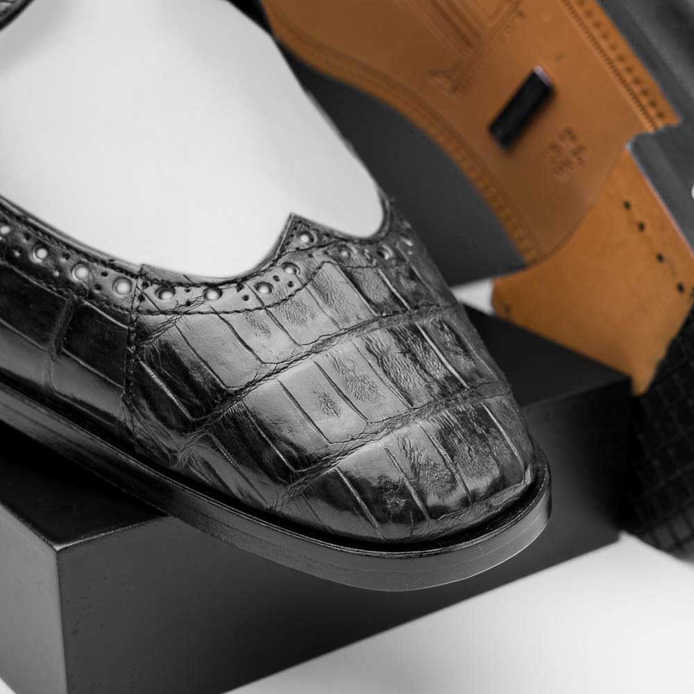 Lombardy Caiman Belly & Calfskin Wingtip Shoes Black/White
