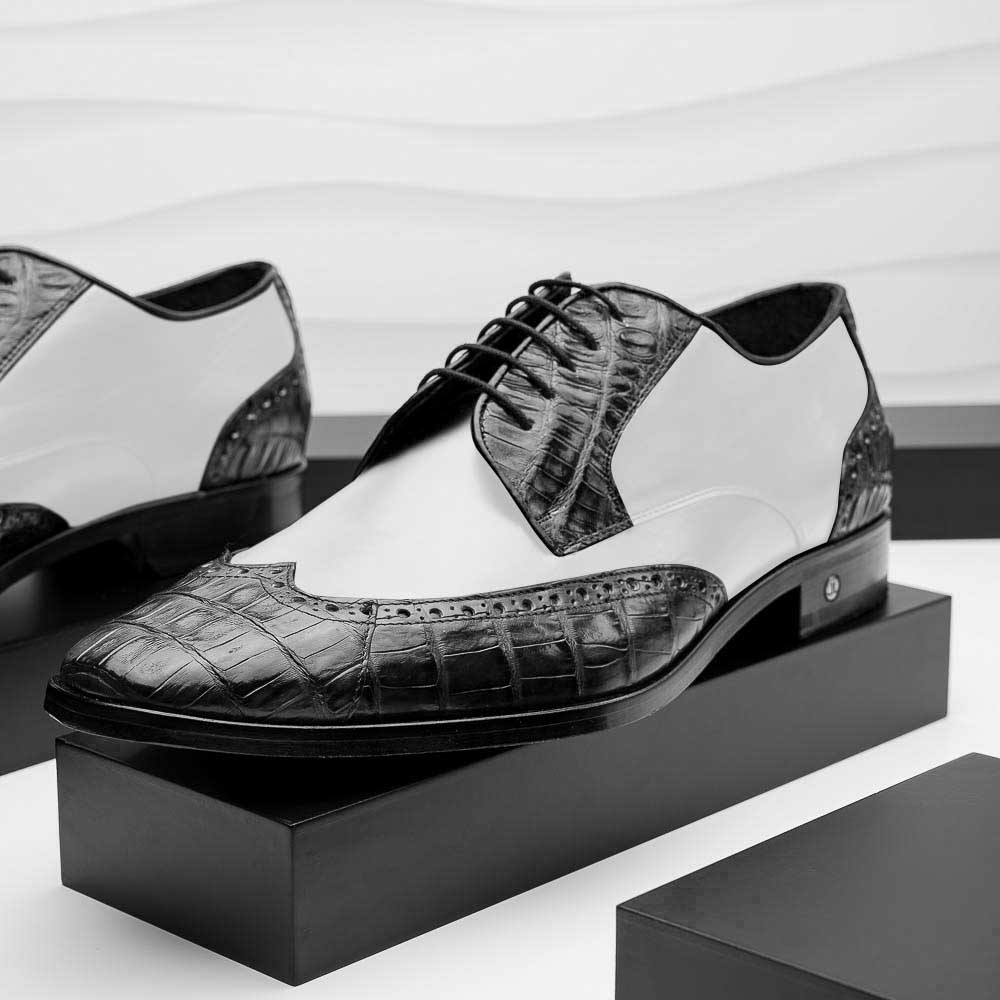 Lombardy Caiman Belly & Calfskin Wingtip Shoes Black/White