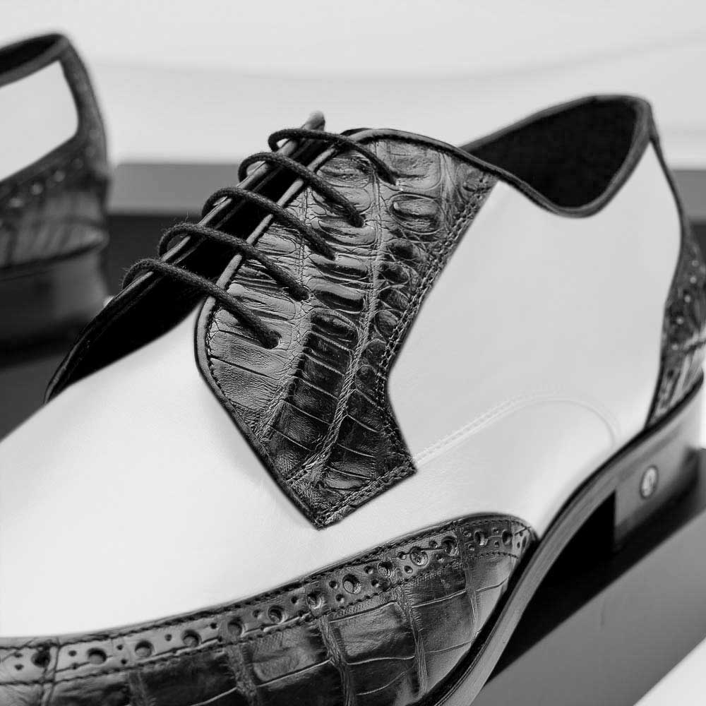 Lombardy Caiman Belly & Calfskin Wingtip Shoes Black/White