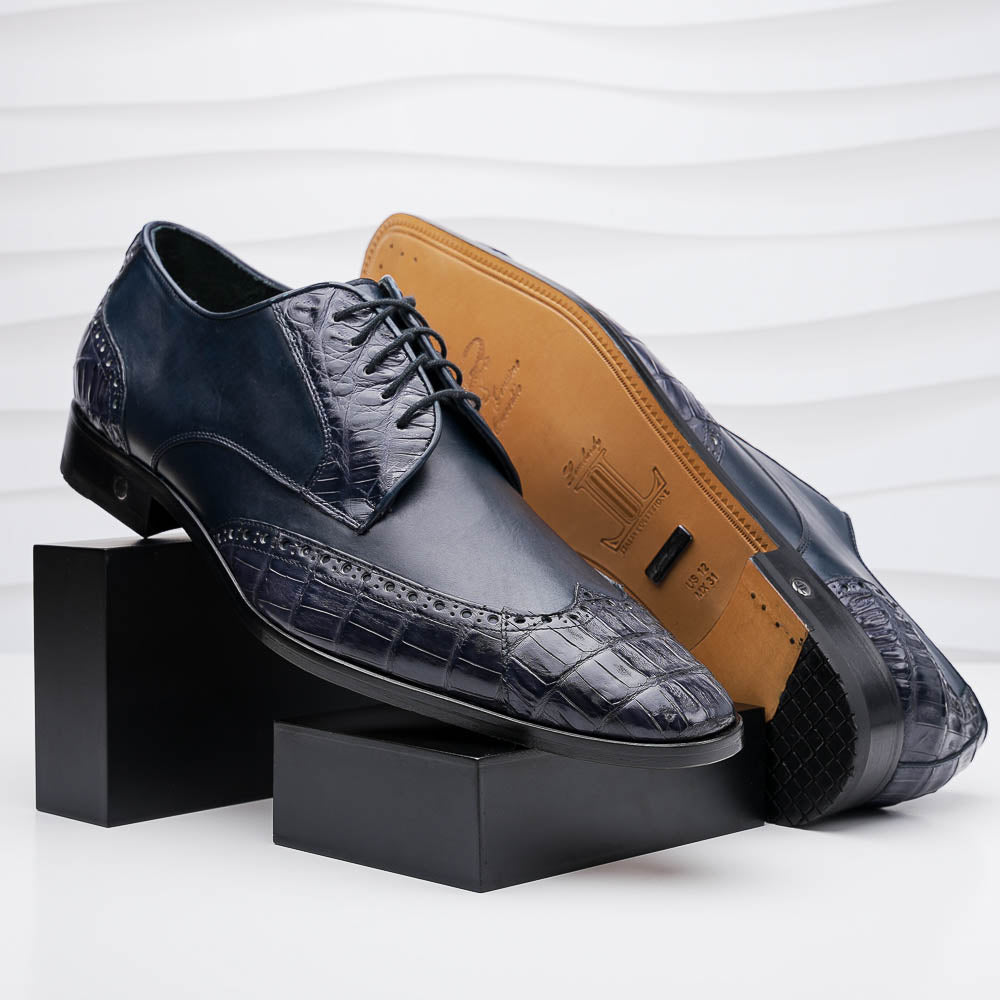 Lombardy Caiman Belly & Calfskin Wingtip Shoes Navy Blue